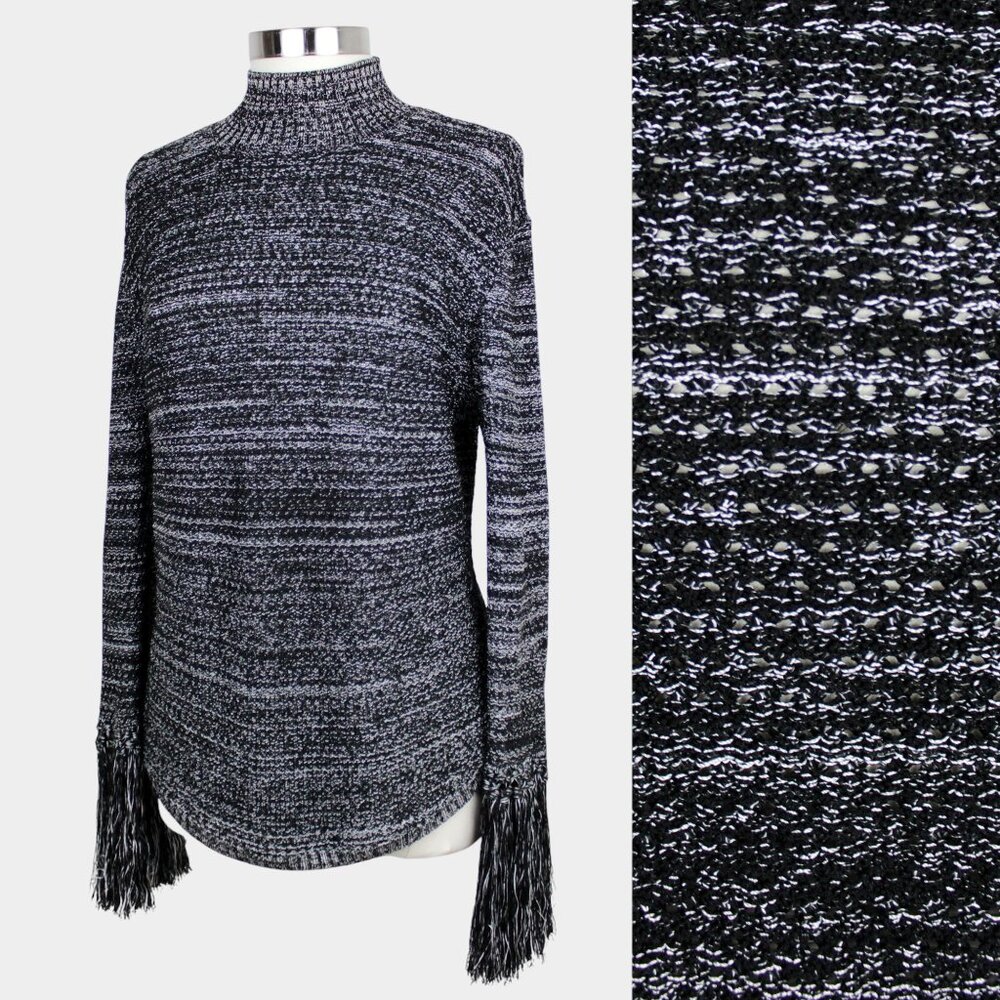 Monochrome Mockneck Fringe Sleeve Sweater